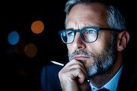 Mature businessman with gray beard wearing glasses and suit contemplates in dark setting with bokeh lights, expressing confidence and leadership qualities.
