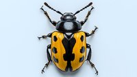 Yellow and black spotted beetle macro photography on light background, detailed view of insect anatomy showing legs, antennae and wing pattern. Isolated specimen.