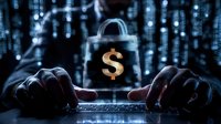 Hands typing on laptop keyboard with digital padlock and dollar symbol against matrix background, representing cybersecurity and financial technology concept.