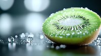 Fresh kiwi fruit slice with water droplets on dark background, showcasing vibrant green flesh and black seeds in macro photography.