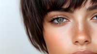 Close up portrait of young woman with freckles, natural makeup, blue eyes and dark short hair against light background. Fresh glowing skin.