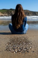 Young woman with long brown hair sitting on sandy beach looking at ocean waves, wearing blue sweater and jeans, with scattered pebbles in foreground.