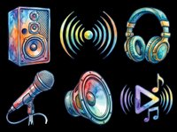 Colorful audio equipment collection featuring speaker, sound waves, headphones, microphone, megaphone, and musical notes. Isolated on transparent background, ready for t-shirt design, clipart, stickers, and print-on-demand products.