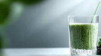 Fresh green smoothie in glass with straw on white surface against blurred natural background for healthy lifestyle and nutrition concepts.