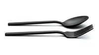 Matte black spoon and fork set isolated on white background, modern minimalist cutlery design for kitchen, dining, and restaurant concepts.