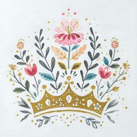 Watercolor floral composition with golden crown and pink flowers on white background, folk art style botanical illustration.