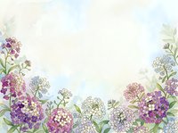 Watercolor floral frame with purple pink white flowers and green leaves on soft background for wedding invitations greeting cards design.
