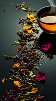 Steaming cup of aromatic tea with scattered loose leaf tea blend, dried flowers and petals in yellow and magenta creating artistic composition on dark surface.