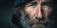 Close-up portrait of weathered elderly Caucasian man with piercing blue eyes, gray beard and wrinkled face showing wisdom and life experience.