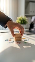 Businessman hand placing wooden cube with LEADS text on desk with marketing icons for sales strategy and customer acquisition in modern office.