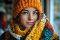 Young Caucasian woman wearing orange knit beanie and colorful striped scarf smiling warmly at camera in cozy winter portrait for seasonal fashion campaigns.