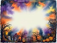 Spooky Halloween watercolor frame with pumpkins, bare trees, tombstones and colorful sky creating atmospheric border for seasonal designs and decorations.