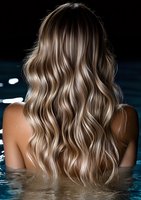 Back view of woman with long wavy blonde balayage hair standing in water at night, highlighting modern hair coloring technique and beachy waves styling.