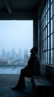 Contemplative man sitting alone by industrial window overlooking misty city skyline in moody atmospheric light for mental health and solitude concepts.