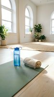 Bright yoga studio with green mat, rolled towel, and blue water bottle on wooden floor, arched windows, potted plants, natural light for fitness and wellness training.