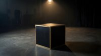 Mysterious dark wooden cube illuminated by a single spotlight in a dramatic empty warehouse studio with moody shadows and cinematic atmosphere.