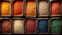 Colorful assortment of dried lentils and legumes in rustic wooden compartments, arranged in rows showing variety of natural colors and textures in food photography.