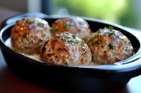 Juicy homemade meatballs glazed with savory sauce and fresh herbs served in cast iron skillet, close-up view showing texture and caramelization on meat surface.