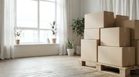 Stacked cardboard moving boxes in bright empty room with wooden floor, potted plants and window with curtains, relocation and storage concept.
