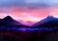 Dramatic mountain landscape at sunset with vibrant pink and purple sky, silhouetted peaks and glowing blue wildflowers in foreground meadow creating magical atmosphere.