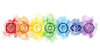 Chakra symbols arranged in rainbow spectrum with watercolor wash effect, isolated on white background for wellness, meditation, yoga, and spiritual design projects.