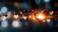 Glowing heart shapes with bokeh effect on dark background, romantic red and golden hearts floating in dreamy atmosphere with lens flare and soft focus.