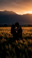 Romantic couple silhouette embracing in golden wheat field at sunset with mountain backdrop for wedding and love concepts.