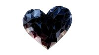 Low poly black heart shape with geometric triangular facets and subtle blue highlights on dark background, suitable for modern graphic design and valentines themes.