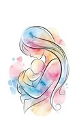 Watercolor mother holding newborn baby with flowing hair and pastel splashes on white background for motherhood designs.