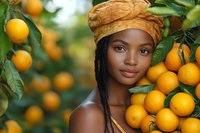 Young African woman in golden headwrap poses naturally among orange trees in citrus garden, fresh fruit and green leaves create vibrant seasonal harvest scene.