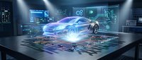 Futuristic holographic car projection emerging from laptop screen in high-tech laboratory with digital interfaces and glowing blue light effects.