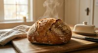 Freshly baked artisan sourdough bread loaf on wooden cutting board in warm sunlit kitchen setting for homemade baking and culinary content.
