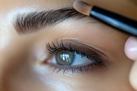 Close-up of woman's blue eye with long eyelashes during eyebrow makeup application, showing professional cosmetic brush and natural brow grooming technique.