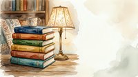 Stack of vintage books with worn leather spines next to brass table lamp on wooden surface, watercolor style illustration for library, education, and reading room decor.