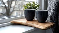 Two dark textured ceramic mugs on wooden serving board near window sill with green plant, cozy home atmosphere with natural light and soft bokeh background.