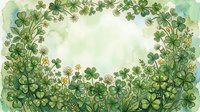 Watercolor frame of green shamrocks and clover flowers with copy space, perfect for Saint Patricks Day greeting cards and spring designs.