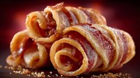 Crispy bacon strips curled and twisted into spiral shapes on dark background. Golden brown cooked pork belly with glossy fat rendering for breakfast menu designs.