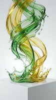 Swirling green and yellow liquid splash frozen in motion, creating dynamic abstract forms with translucent glass-like texture on white background. Perfect for cosmetics, skincare, wellness and beverage branding.