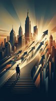 Businessman climbing stairs toward cityscape with upward arrows symbolizing growth, success, and career advancement in corporate environment.