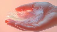 Delicate white feather floating above open palm against soft coral pink background, creating ethereal atmosphere and gentle sense of lightness and tranquility.