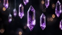 Floating purple amethyst crystals with golden bokeh lights on dark background for luxury jewelry design and spiritual wellness concepts.