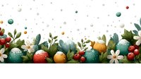 Festive winter border with colorful ornaments, red berries, white flowers, and green foliage on white background with falling snow.