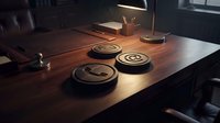 Robotic vacuum cleaners lined up on wooden desk in modern home office workspace with warm lighting and computer setup for cleaning technology and smart home automation.