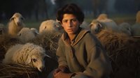 Young Middle Eastern shepherd boy in brown hoodie sitting among flock of sheep at dusk, warm evening light illuminates peaceful rural farming scene.