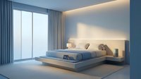 Modern minimalist bedroom interior with platform bed, ambient lighting, and floor-to-ceiling windows creating serene atmosphere for contemporary home design.