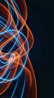 Dynamic orange and blue light trails creating flowing energy waves on dark background for modern digital designs and technology presentations.