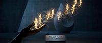 Silhouette of hand releasing glowing human figures in upward motion against dark background, symbolizing talent management, employee development, and organizational growth.