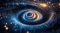 Spiral galaxy formation with glowing blue and orange particles swirling around dark center creating cosmic dust effect. Dynamic space art shows gravitational forces.