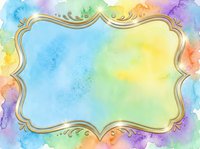 Elegant gold ornate frame on colorful pastel watercolor background with rainbow hues, perfect for greeting cards, invitations, and creative designs.