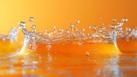 Dynamic water crown splash captured against vibrant orange and yellow gradient background, frozen moment with crystal clear droplets creating circular ripple pattern.